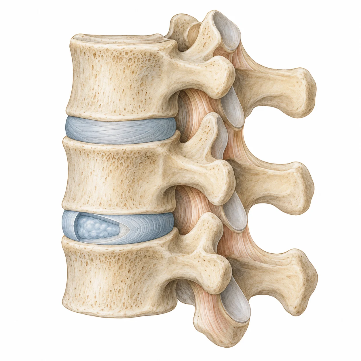 Signed lumbar vertebrae with the vertebral discs in blue grey and the ring and core of a disc in diameter