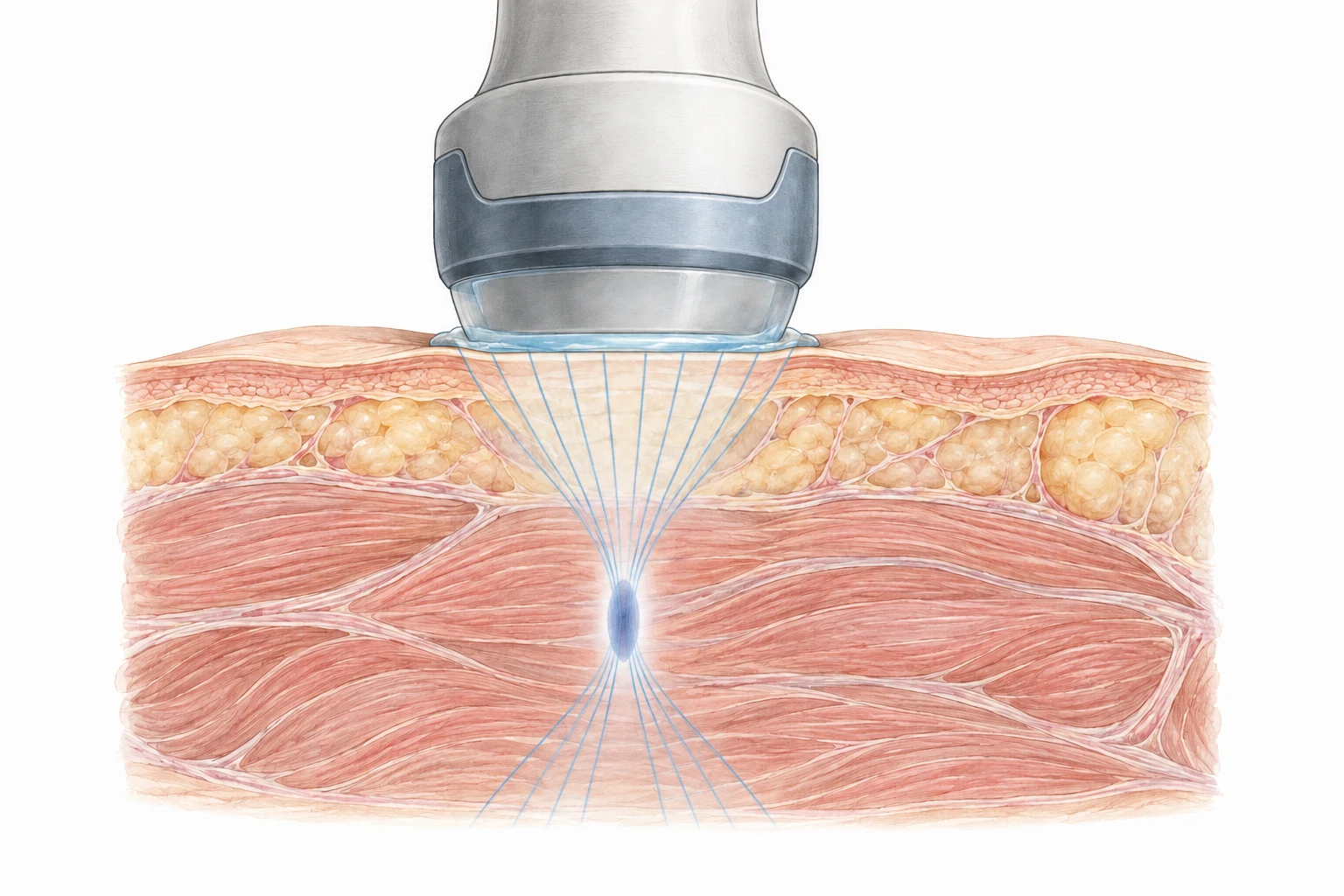 Signed cross section of skin and muscle: acoustic waves come together under the treatment head in an oblong focus zone.